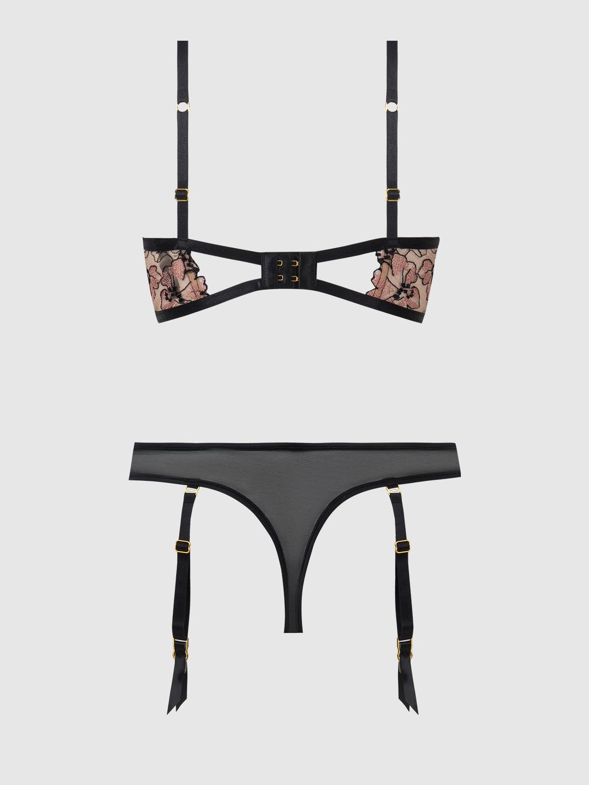 NOVA BLACKLIGHT LACE BRA & GARTERED THONG SET: JADED BLUE