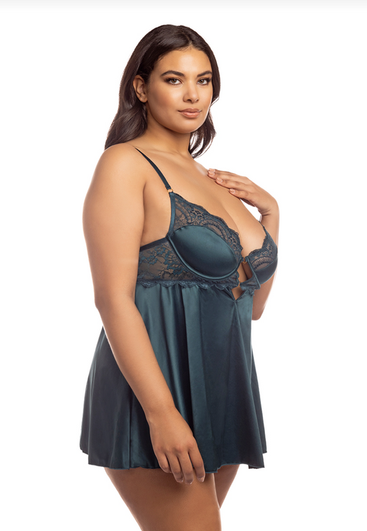 Diana Satin/Lace Babydoll - Teal