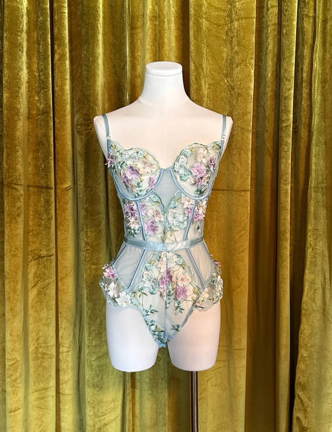 Powder Blue Embroidered Underwire Bodysuit